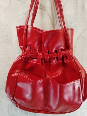 Red Women's Shoulder Tote Bag with  Drawstring Straps